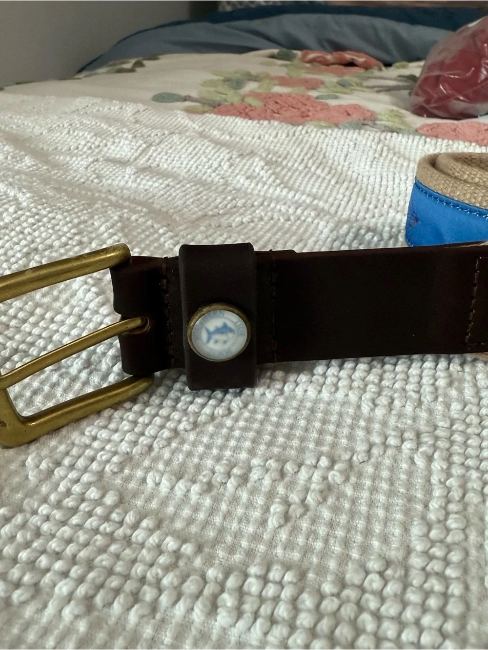 Southern Tide‎ Mens Fly Fishing Lure Ribbon Canvas Leather Belt Blue Tan Size 38